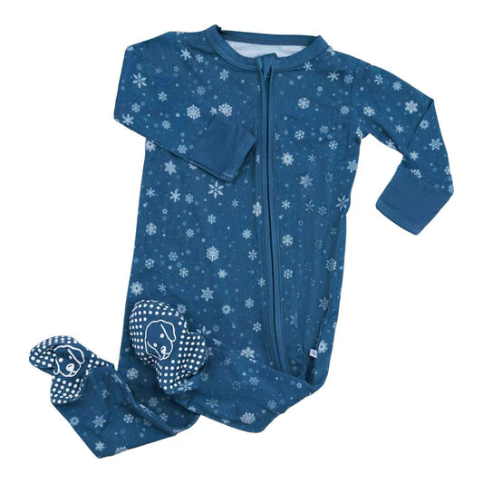 Bamboo Zipper Footie Snowflakes Hanukkah Blue