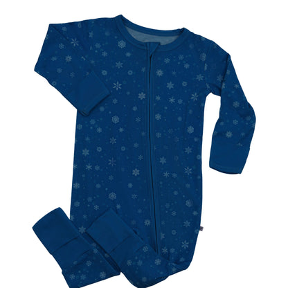 Bamboo Zipper Footie Snow Flakes Bright