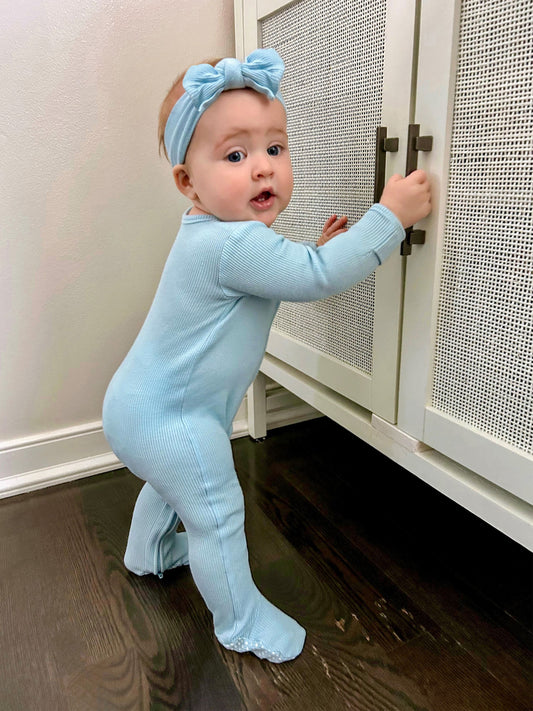 waffle zipper footie soft sky blue