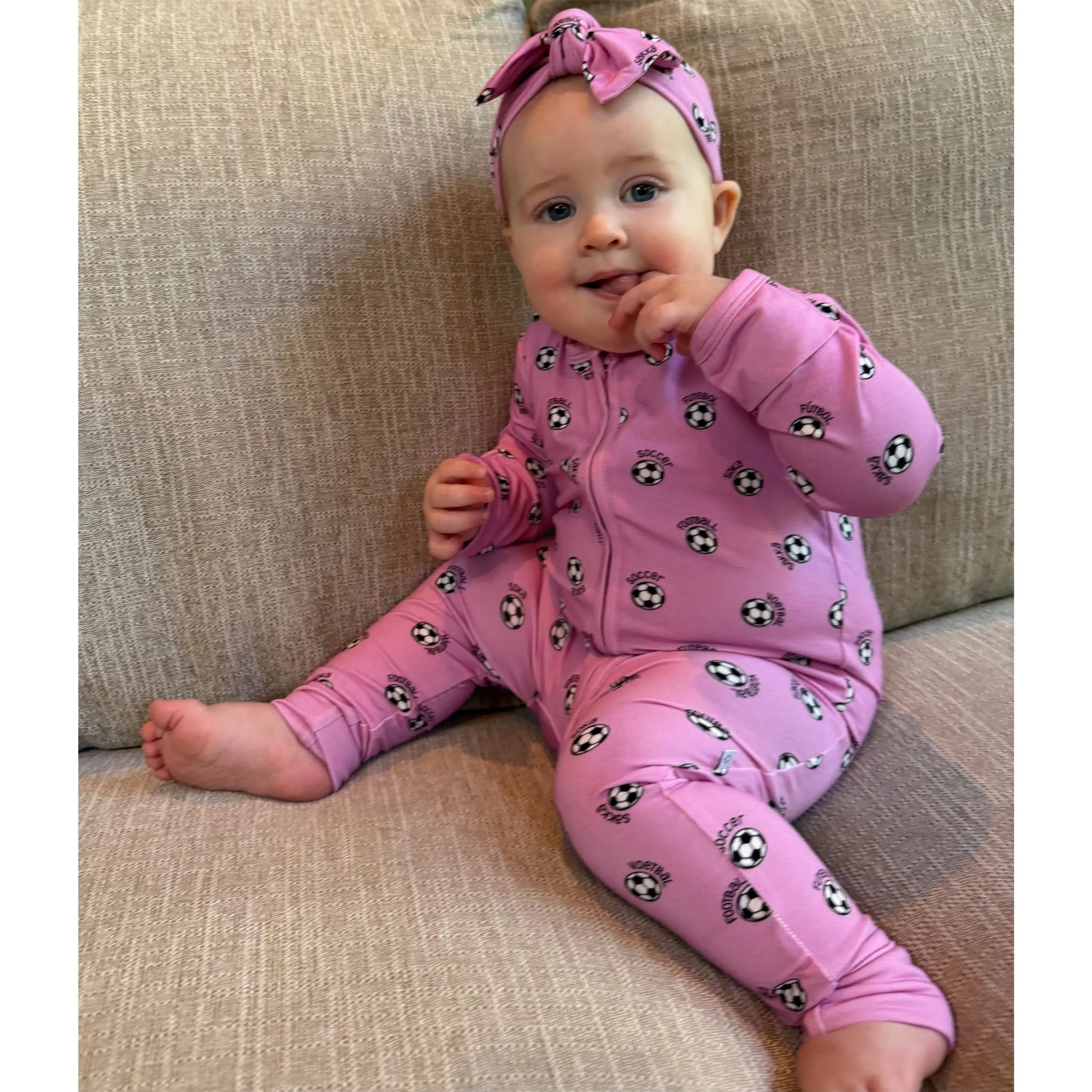 baby girl pink soccer bamboo zipper romper