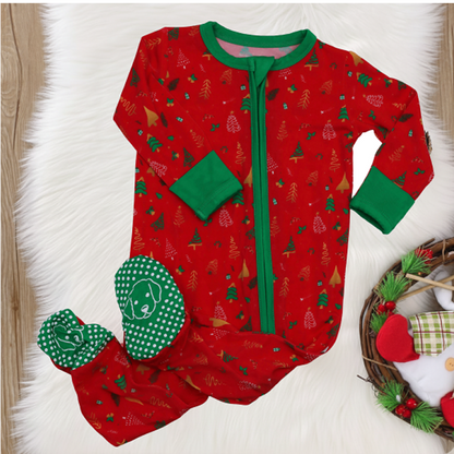Bamboo Zipper Footie Red Tree Fun Christmas Outfit