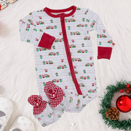 bamboo zipper footie santa train christmas outfit
