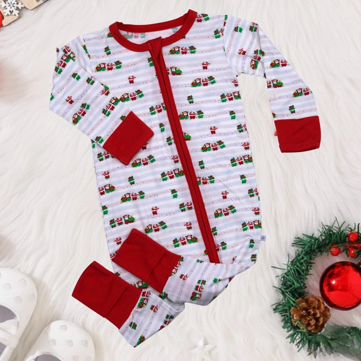 bamboo zipper footie santa train christmas