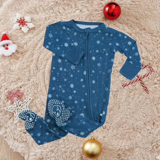 Bamboo Zipper Footie Snowflakes Hanukkah Blue
