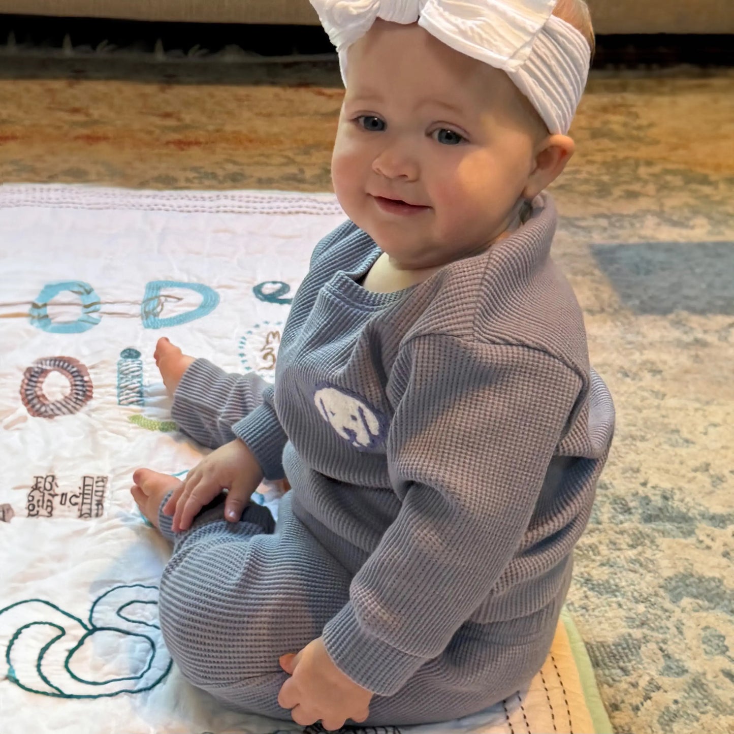 blue waffle knit baby outfit