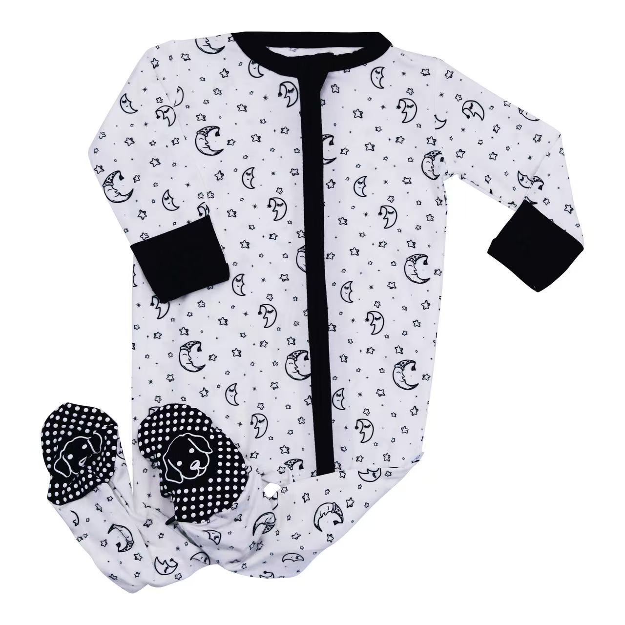 moon and stars high contrast bamboo zipper footie baby girl boy