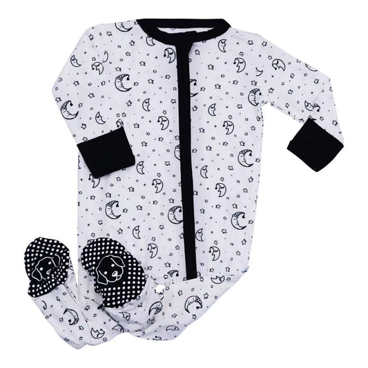 moon and stars high contrast bamboo zipper footie baby girl boy