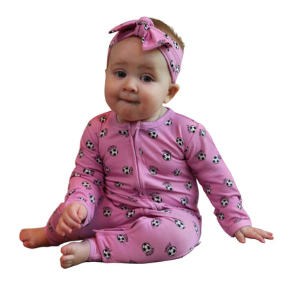 pink world soccer bamboo zipper footie for girl