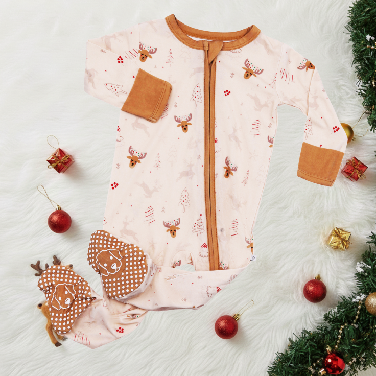Bamboo Zipper Footie Reindeer Christmas Outfit