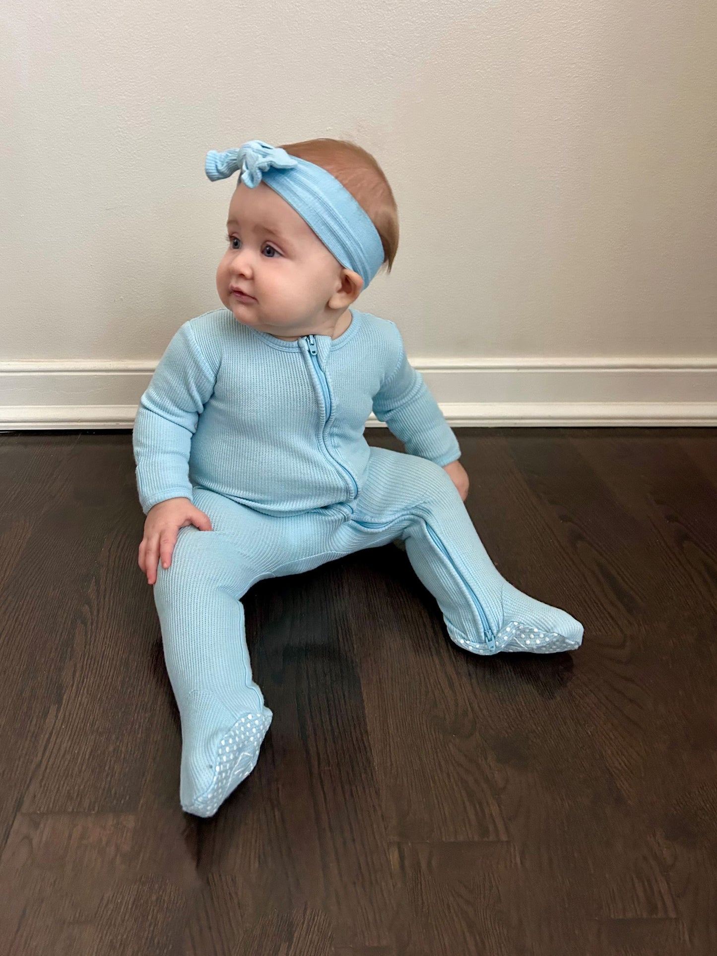 waffle zipper footie soft sky blue