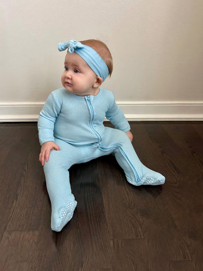 waffle zipper footie soft sky blue