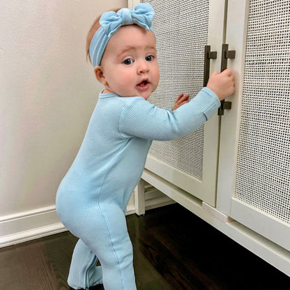 waffle zipper footie soft sky blue