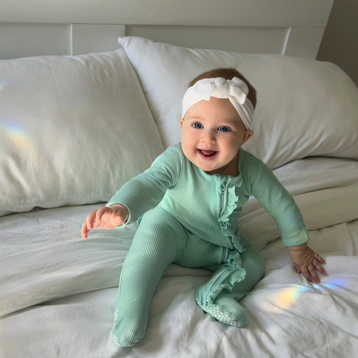 waffle ruffle zipper footie mint cream