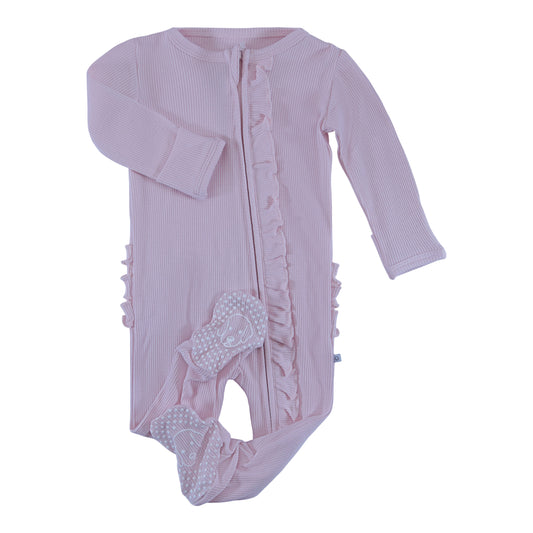 waffle ruffle zipper footie pink cloud for baby girl