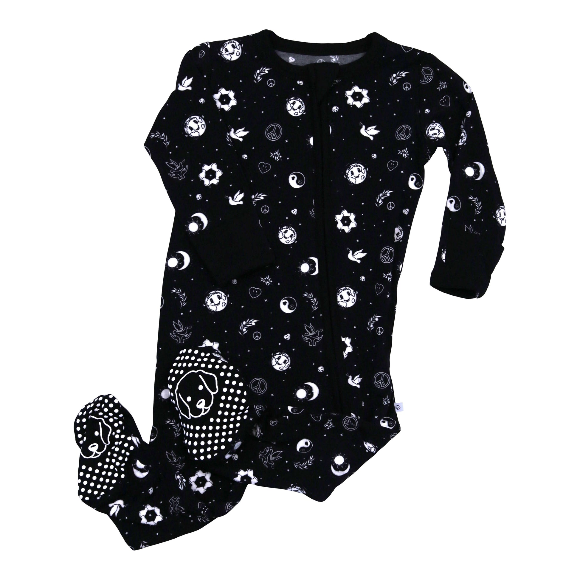 world peace high contrast bamboo zipper footie boy girl